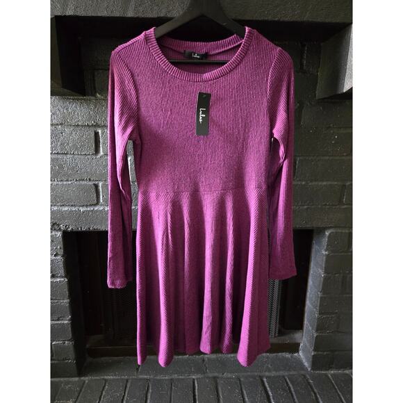 Lulu's Long Sleeved Mauve Purple Fit And Flare Soft Ribbed Skater Dress size L - Picture 2 of 5